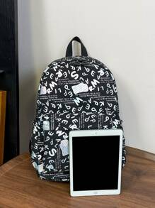 1pc Nylon Large Capacity Graffiti Backpack For Middle School, High School And College Students School Backpack Laptop Backpack Back To School Carry On Backpack Functional - Black - View 2