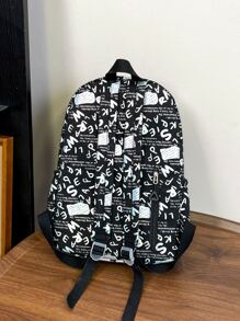 1pc Nylon Large Capacity Graffiti Backpack For Middle School, High School And College Students School Backpack Laptop Backpack Back To School Carry On Backpack Functional - Black - View 4