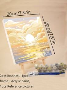 成人入门级数码油画，20英寸x20英寸/30英寸x30英寸画布，包含2支画笔、丙烯颜料、花卉和风景图案 - 黃色 - 查看 3