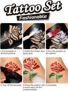 供男女兒童使用DIY閃粉暫時性紋身貼紙套裝，防水易於貼上，採用環保材料，適用於生日禮物、節日禮物或隨機配件。 - 彩色 - 查看 2