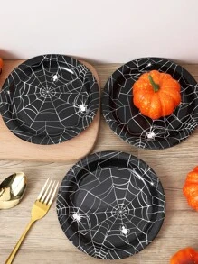 12pcs/set Party Table Decoration Disposable Spider Web Patterned Paper Plate (7 Inch) - Black and White - View 1