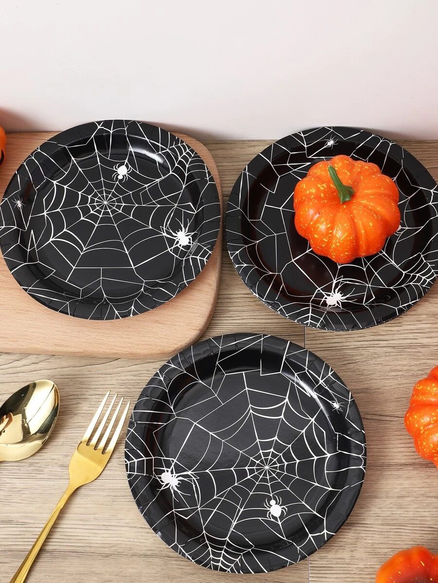 12pcs/set Party Table Decoration Disposable Spider Web Patterned Paper Plate (7 Inch) - Black and White - View 1
