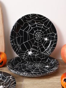 12pcs/set Party Table Decoration Disposable Spider Web Patterned Paper Plate (7 Inch) - Black and White - View 2