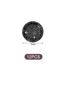12pcs/set Party Table Decoration Disposable Spider Web Patterned Paper Plate (7 Inch) - Black and White - View 3