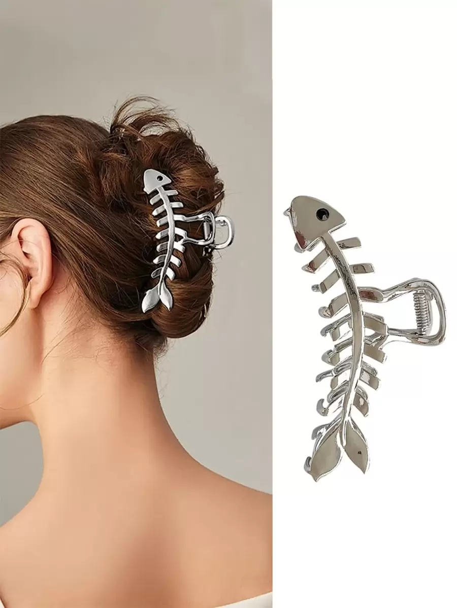 1 chiếc kẹp tóc hình xương cá màu bạc dùng hàng ngày, kẹp tóc hình đầu lâu xương, kẹp hàm, kẹp giữ tóc, phụ kiện tóc mùa thu đông cho nữ, thích hợp cho trang phục đi nghỉ mát, mùa hè, đi biển. - Bạc - Xem 1