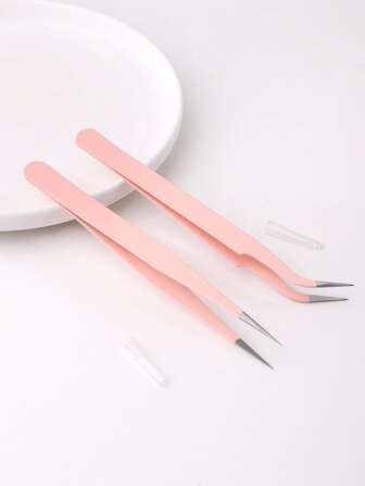 Eyelash Extension Tweezers Set With 2pcs Stainless Steel Curved Tip Tweezers, Pink