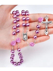 天主教紫色珍珠念珠项链，配露德圣母奖章和十字架（NS） - 紫色 - 查看 7