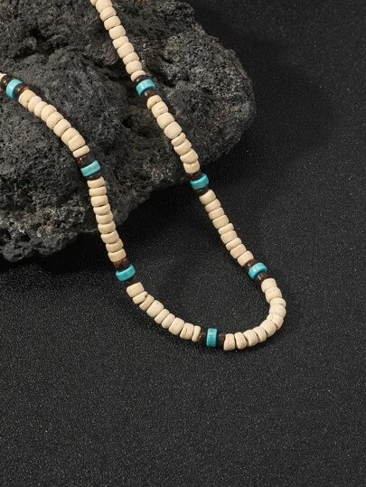 1入組時尚復古木頭釘珠&綠松石色串珠項鏈
