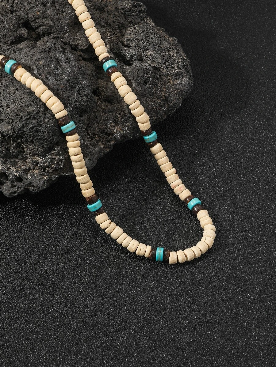 1入組時尚復古木頭釘珠&綠松石色串珠項鏈