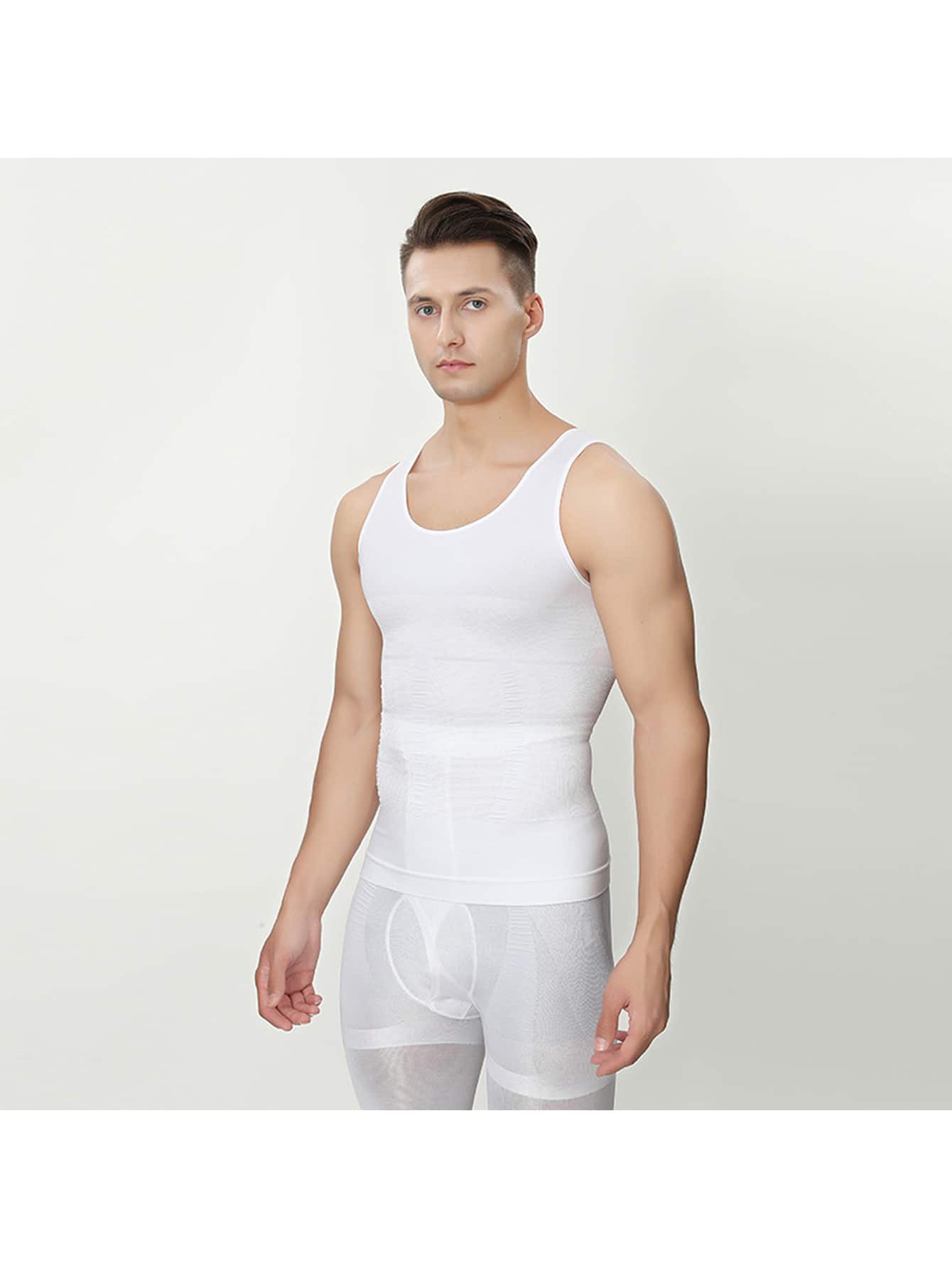 男士夏季薄款塑身衣無縫內衣收腹塑身衣吸汗塑身運動緊身胸衣背心 - 白色 - 查看 1