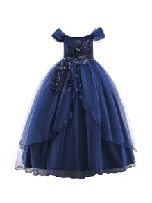 Tween Girl Long Satin Mesh Solid Color Elegant Dress, Suitable For Formal Events, Galas, Parties (Headband Not Included) - Navy Blue - View 4