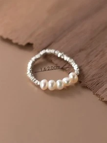 SYMFNY 1 件优雅的 925 纯银椭圆形养殖淡水珍珠不对称银珠弹性戒指适合女士和女孩日常和派对佩戴婚礼珠宝新娘珠宝 - 銀色 - 查看 3