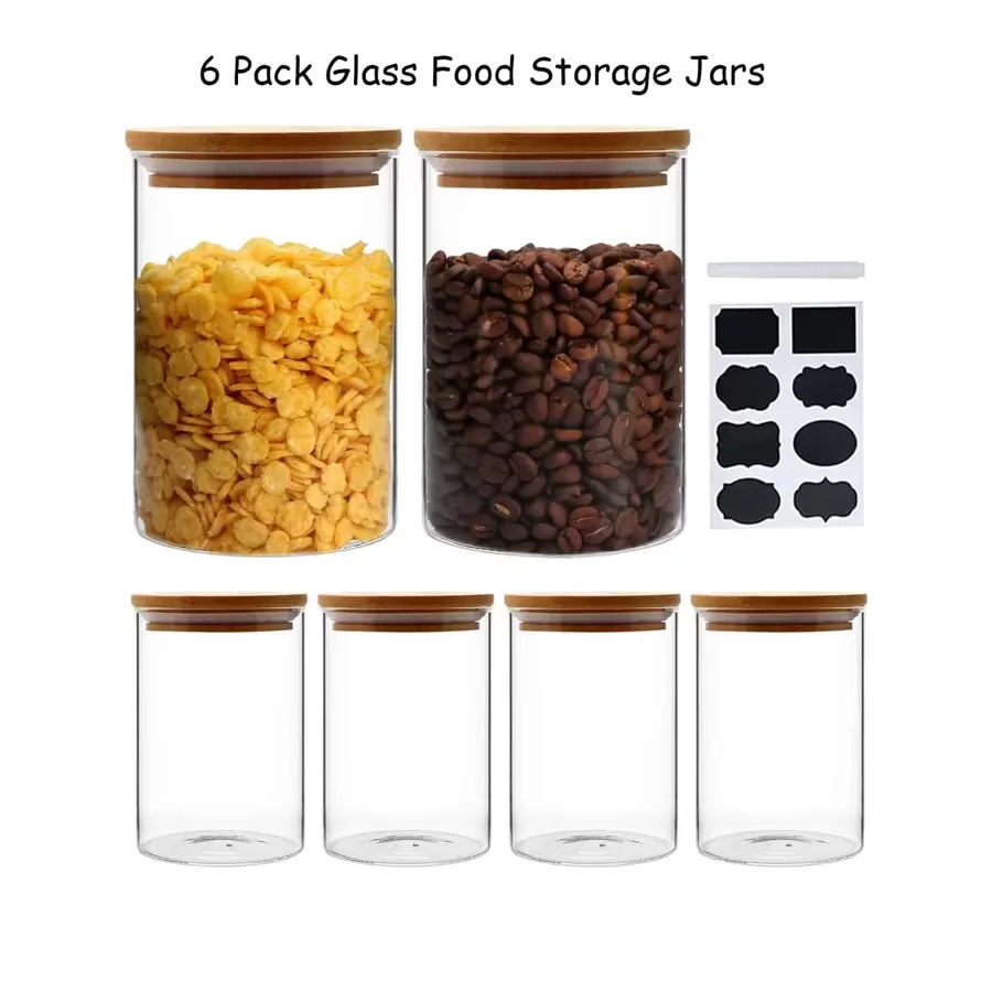 6 Pack Glass Food Storage Containers,27 OZ Glass Storage Jars with Bamboo Lids for Pantry Organization and Storage, Suit for Kitchen Canning Cereal,Candy,Cookie and More - 無色 - 查看 1
