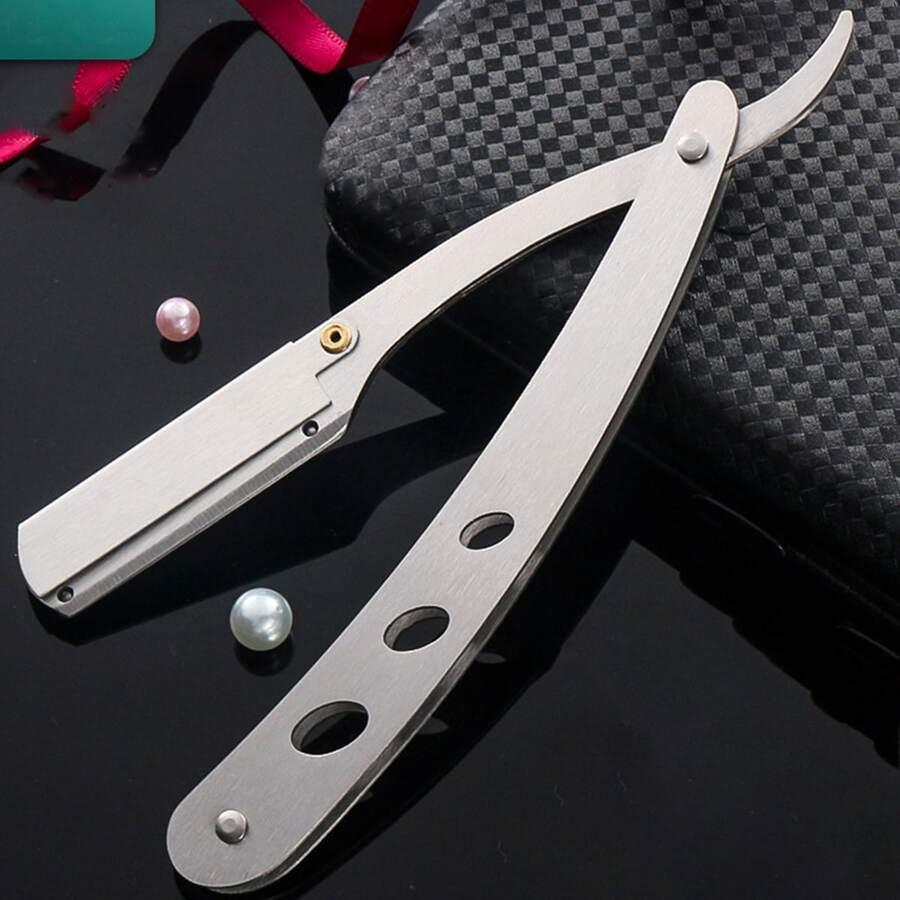 1入組可更換刀片手動剃鬚刀,復古可折疊的直筒邊剃鬚刀架帶不銹鋼防滑手柄,刀片不包含 - 銀色 - 查看 1