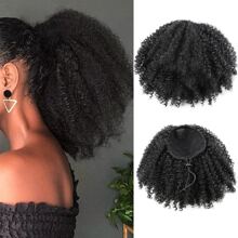 Black Short Wavy Curly Ponytail Wig, Drawstring Design, Synthetic Fiber Material, Fluffy Curly, Suitable For African Women - Black - View 1