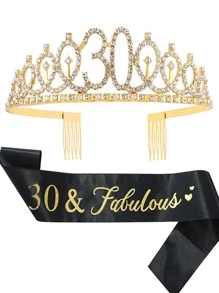 2 Miếng Của phụ nữ Màu vàng Sinh nhật lần thứ 30 Vương miện Dây buộc tóc Và Dây đeo vai Bộ Trang trí Với Hợp kim & Pha lê , Thích hợp Đối với Sinh nhật Các bữa tiệc Và - Vàng - Xem 1