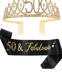 2 件女士金色 50 岁生日皇冠头饰和腰带套装，带水钻装饰，非常适合生日派对和舞会头饰情人节 - 金色 - 查看 3