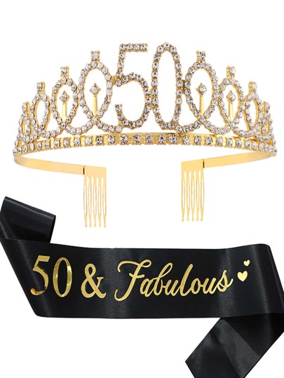 2pcs Women's Gold-Color 50th Birthday Crown Headband & Sash Set, With Rhinestone Decor, Perfect For Birthday Parties And Dance Parties Tiaras Valentine's Day