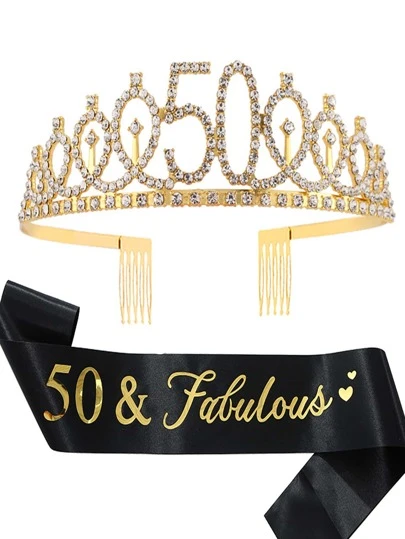 Set de 2 piezas con diadema y faja de color dorado para el 50th cumpleaños de mujer, con decoración de piedras rhinestone, perfecto para fiestas de cumpleaños y bailes, tiaras para el Día de San Valentín