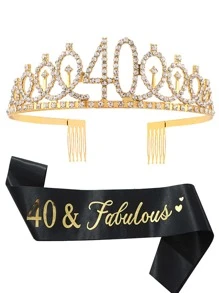 2 Stück Damen gold 40. Geburtstag Kronen Haarband & Schärpe Set mit Strass, geeignet für Geburtstagsfeiern und Tanzveranstaltungen, Tiaras zum Valentinstag - Gold - Übersicht 1