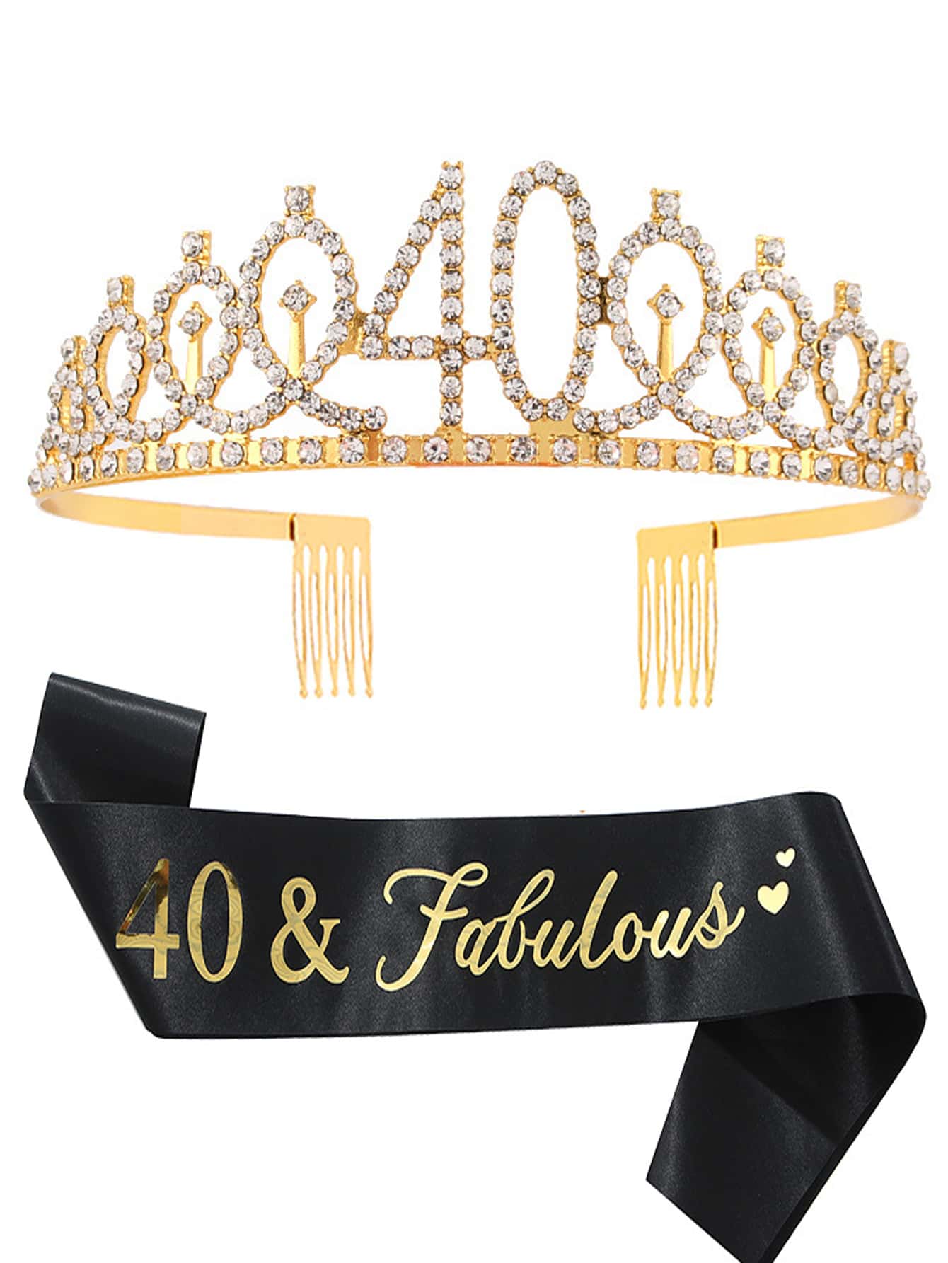 2 Stück Damen gold 40. Geburtstag Kronen Haarband & Schärpe Set mit Strass, geeignet für Geburtstagsfeiern und Tanzveranstaltungen, Tiaras zum Valentinstag - Gold - Übersicht 1