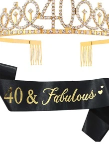 2 Stück Damen gold 40. Geburtstag Kronen Haarband & Schärpe Set mit Strass, geeignet für Geburtstagsfeiern und Tanzveranstaltungen, Tiaras zum Valentinstag - Gold - Übersicht 3