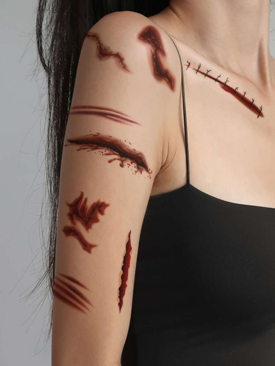 Halloween 1 pieza realista herida cicatriz patrón flor brazalete y muñeca cuerpo tatuaje temporal pegatina - Rojo - Ver 1