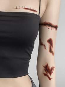 Halloween 1 pieza realista herida cicatriz patrón flor brazalete y muñeca cuerpo tatuaje temporal pegatina - Rojo - Ver 3