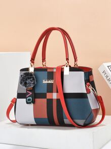 Neue Mode Damen-Handtasche mit Anhänger, Farbblock große Kapazität Tote für Muttertag Geschenk, Mehrfarben-Schultertasche für Frauen - Verschiedenfarbig - Übersicht 1