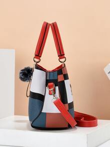 Neue Mode Damen-Handtasche mit Anhänger, Farbblock große Kapazität Tote für Muttertag Geschenk, Mehrfarben-Schultertasche für Frauen - Verschiedenfarbig - Übersicht 4