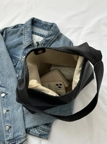 Retro Large Capacity PU Tote Hobo Bag, Durable Lightweight Shoulder Messenger Bag, Casual Fashion Commuter Bag - Black - View 6