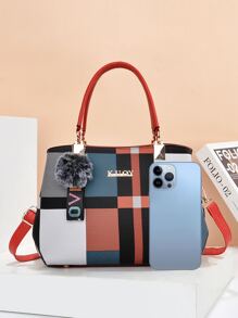 Neue Mode Damen-Handtasche mit Anhänger, Farbblock große Kapazität Tote für Muttertag Geschenk, Mehrfarben-Schultertasche für Frauen - Verschiedenfarbig - Übersicht 6