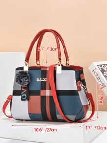 Neue Mode Damen-Handtasche mit Anhänger, Farbblock große Kapazität Tote für Muttertag Geschenk, Mehrfarben-Schultertasche für Frauen - Verschiedenfarbig - Übersicht 2