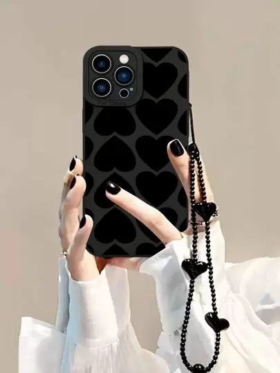 情人節黑色心形繩掛式手機殼，適用於iPhone 15 Pro Max 14 13 12 11小米華為三星保護殼