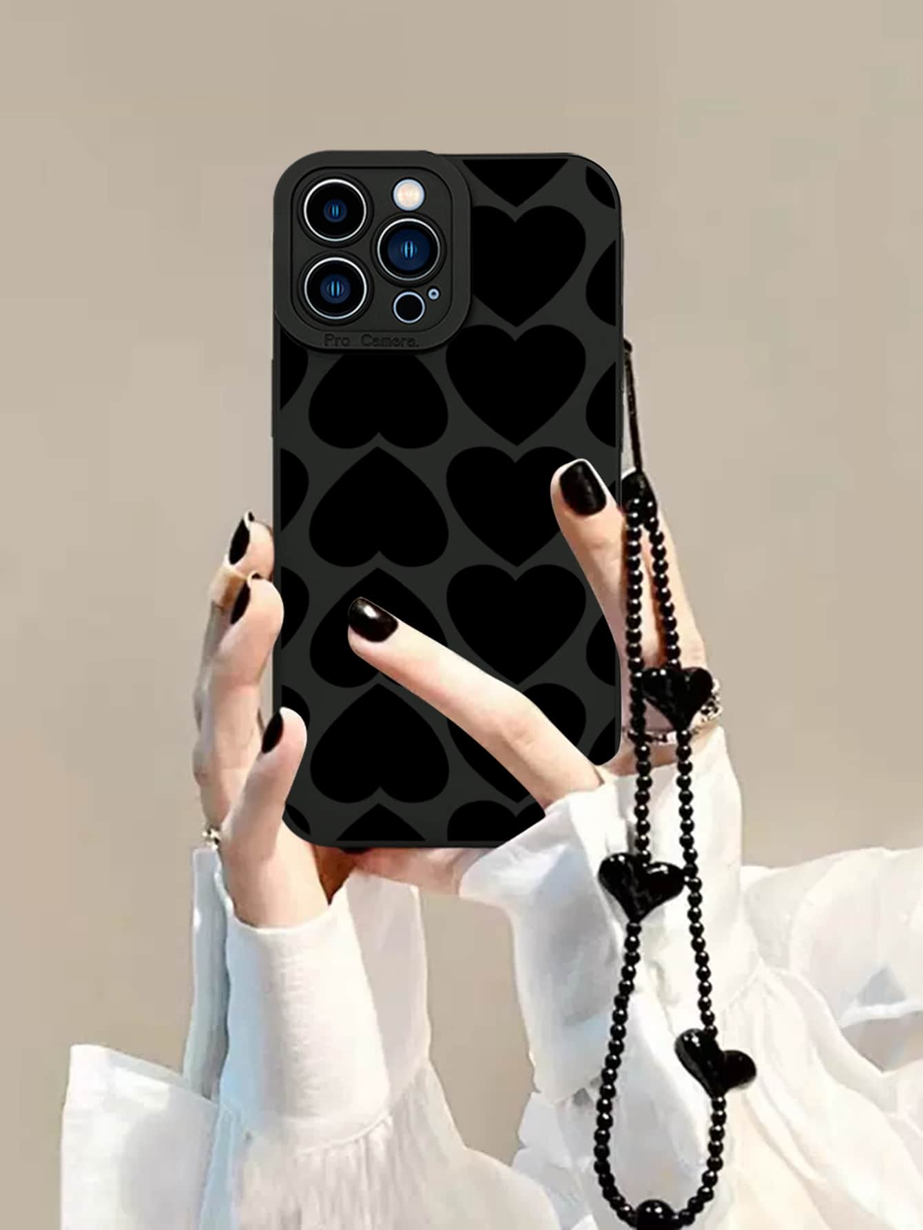 情人節黑色心形繩掛式手機殼，適用於iPhone 15 Pro Max 14 13 12 11小米華為三星保護殼 - 黑色 - 查看 1