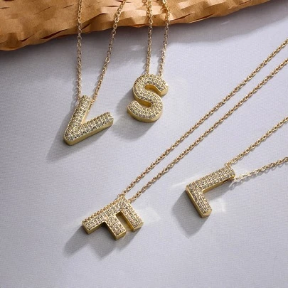 1pc Fashionable Luxurious Cubic Zirconia Copper Plated Gold Letter Pendant A-z Necklace For Dating, Party And Festive Gifts