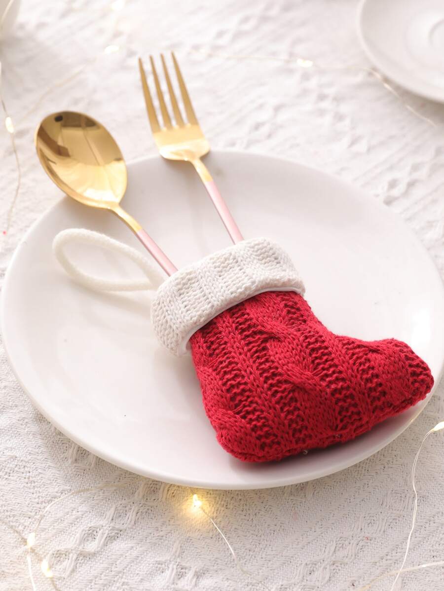 1 Miếng Mini Dệt kim Đồ dao Giá đỡ , Đỏ  Dệt kim Còn hàng Dao Và Cái nĩa Bộ Đối với Giáng sinh Đồ trang trí - Đỏ - Xem 1