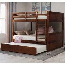 MERAX Full Over Full Bunk Bed With Twin Size Trundle - Walnut - View 1