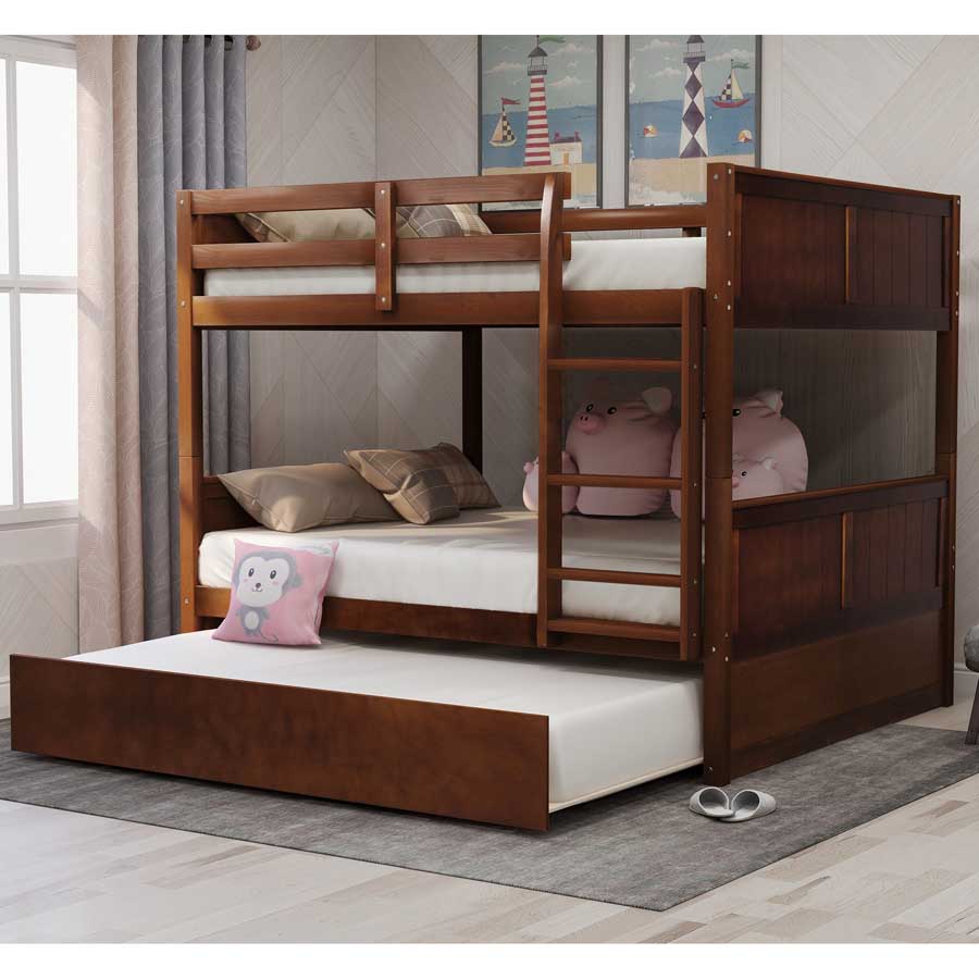 MERAX Full Over Full Bunk Bed With Twin Size Trundle - Walnut - View 1