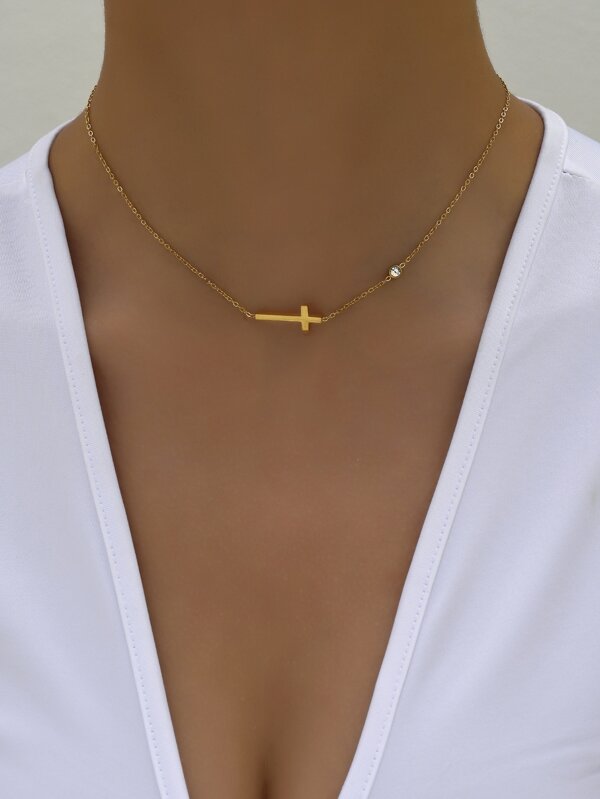 Colar de cruz de cristal minimalista banhado a ouro 18K, joias de aço inoxidável, colar de cruz feminino de uso diário, presente para melhor amiga