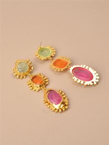 1 对复古金属几何不对称亚克力吊坠耳环，适合女性日常和度假佩戴 - 金黃色 - 查看 5