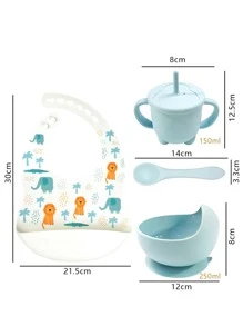 Bộ 4 bát ăn dặm chống rơi bằng silicon hút cao cấp có giác hút, thìa silicon, yếm chống thấm nước có thể điều chỉnh, cốc hút có tay cầm, dễ vệ sinh, nhiều màu sắc để sử dụng hàng ngày - Màu xanh nhạt - Xem 5
