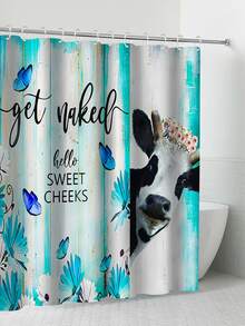 1 pieza rústico vaca Cortina de ducha país occidental país gracioso vaca de madera verde azulado cuarto de baño Cortina Set casa de campo floral con margarita de baño Cortina tejido de tela cuarto de baño adorno con 12 ganchos - Multicolor - Ver 2