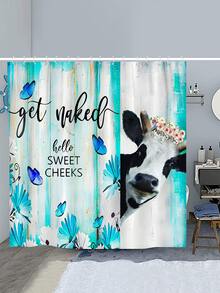 1 pieza rústico vaca Cortina de ducha país occidental país gracioso vaca de madera verde azulado cuarto de baño Cortina Set casa de campo floral con margarita de baño Cortina tejido de tela cuarto de baño adorno con 12 ganchos - Multicolor - Ver 1
