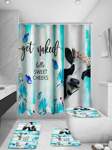 1 pieza rústico vaca Cortina de ducha país occidental país gracioso vaca de madera verde azulado cuarto de baño Cortina Set casa de campo floral con margarita de baño Cortina tejido de tela cuarto de baño adorno con 12 ganchos - Multicolor - Ver 5