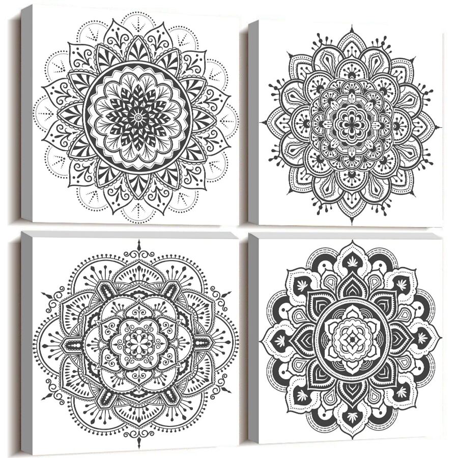 Black and white art Decorative pattern Canvas Wall Art for Living Room Bedroom wall decor Bathroom decorations,4 piece Modern Home decoration inspirational wall paintings Posters Pictures artwork