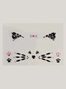 1 hoja de pegatina tatuaje con gemas en forma de cara de gato, huellas de gato rosas y patrón de rhinestone para decoración de ojos y fiestas - Multicolor - Ver 3