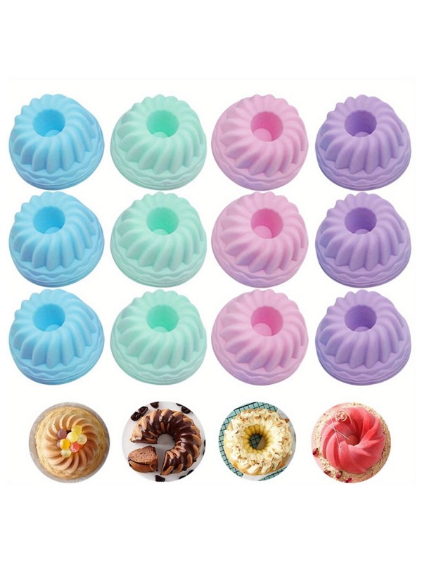 12 pièces Mini moules à muffins, moules à gâteaux en silicone nervurés, polyvalents et portables, mini-tasses, caissettes de cuisson en silicone pour muffins, beignets, chocolat, biscuits, gelée, pain, 4 couleurs