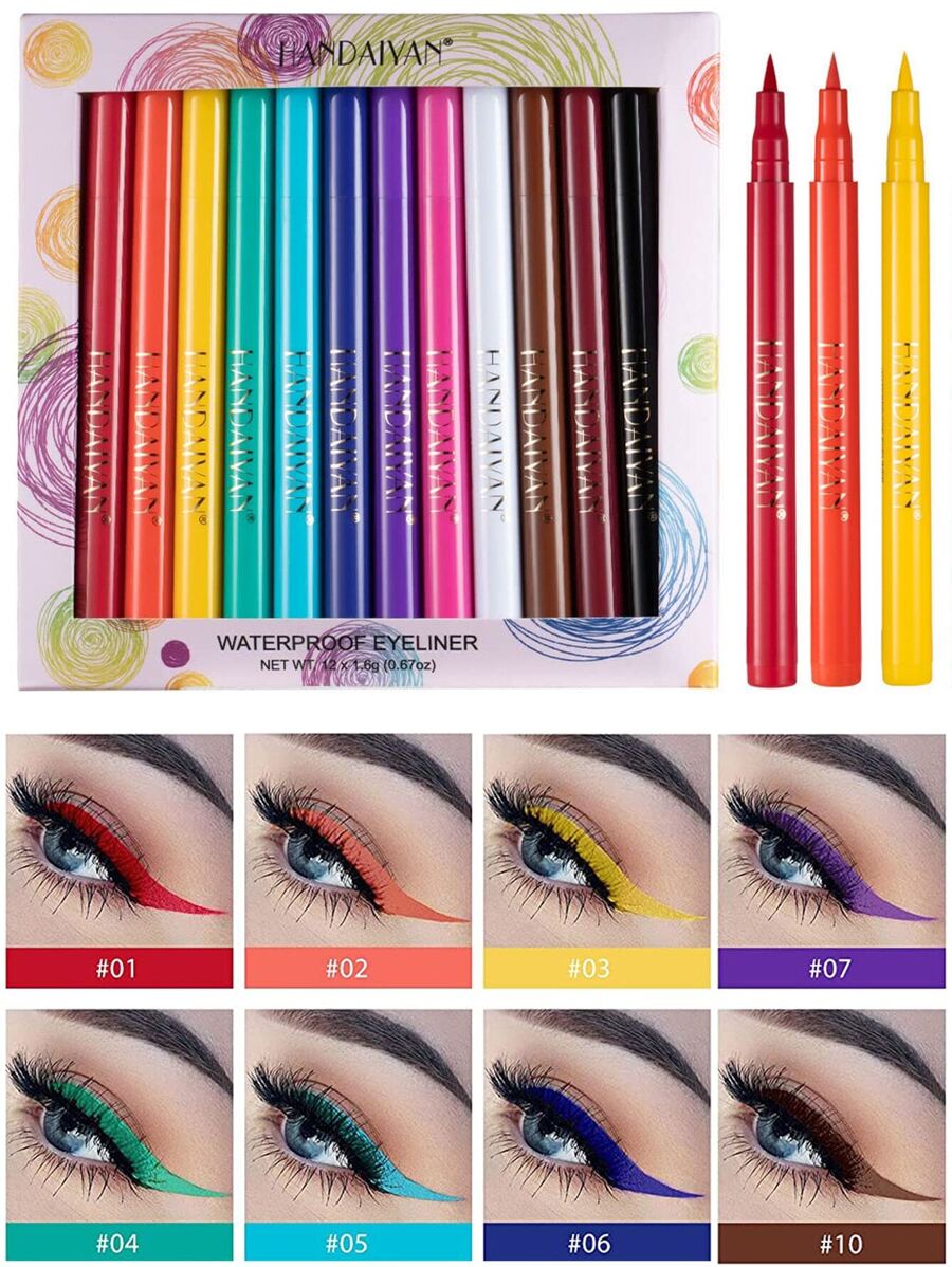 12PCS Neon Liquid Eyeliner Set, Matte Colored Eyeliners Pen, Colorful Waterproof Smudge-Proof Pigmented Graphic Liners Y2K Eye Shadow - 1 bộ - Xem 1