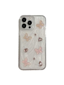 情人节 Iphone 16 透明防震手机壳，带滴胶、糖霜颜色、水钻和蝴蝶设计，兼容 IPhone15/15Plus/15Pro/15Promax - 無色 - 查看 2